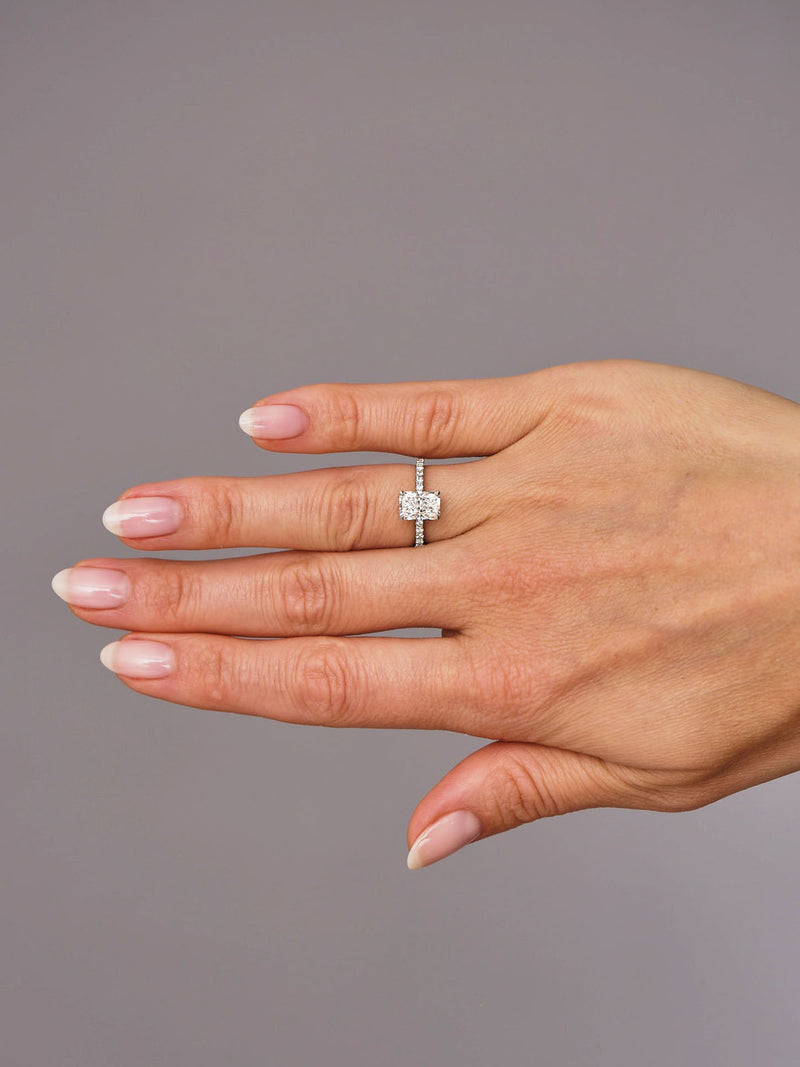 2ct Radiant Twin Hidden Halo lab grown Diamond Engagement Rings.