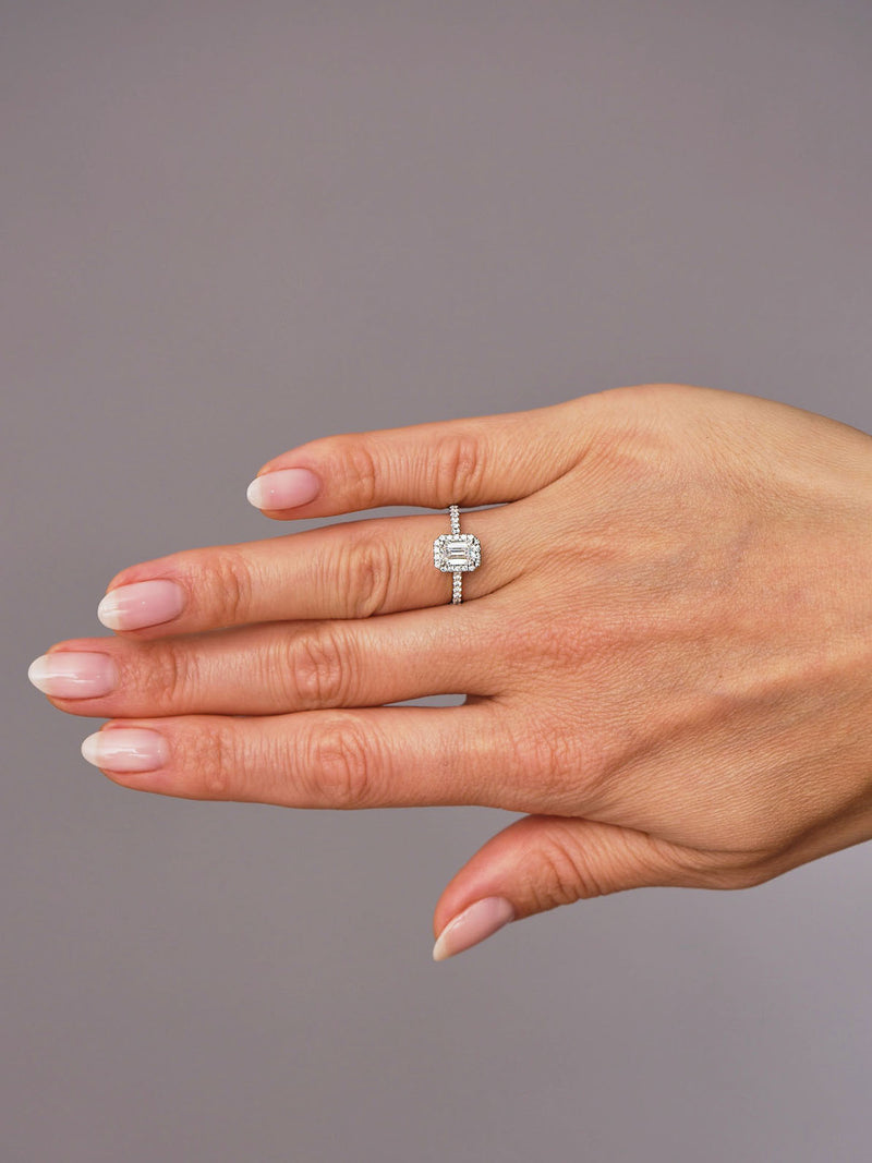 0.70ct Emerald Seamless Halo lab grown diamond engagement rings.
