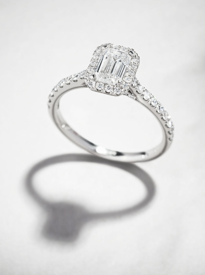 0.70ct Emerald Seamless Halo lab grown diamond engagement rings.
