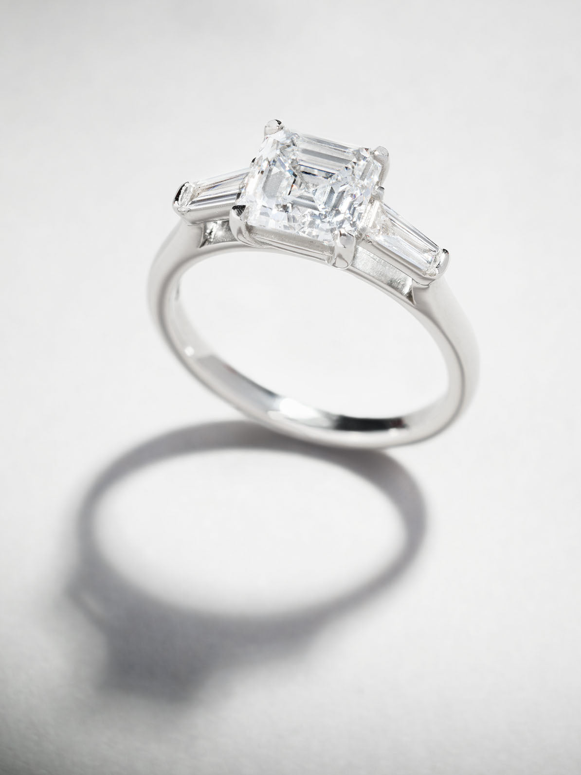2ct Asscher & Tapered Baguettes Trilogy Diamond Engagement Rings.