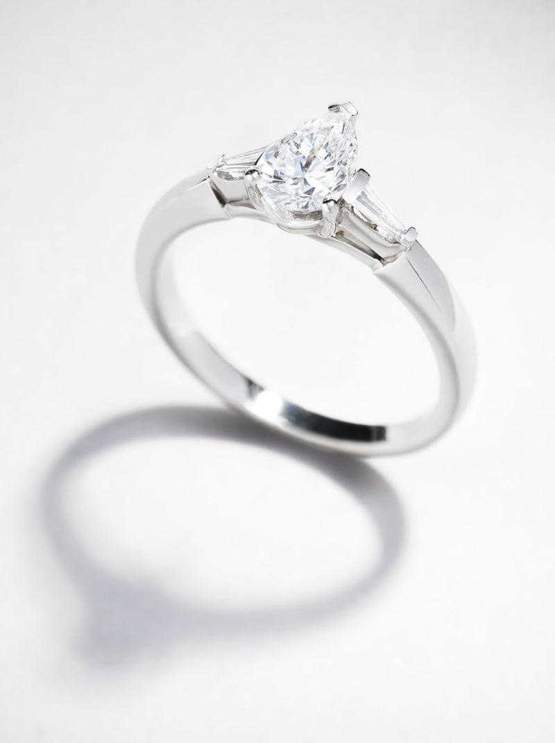 0.50ct Pear with tapered baguettes Lab Grown Diamond Engagement Rings.