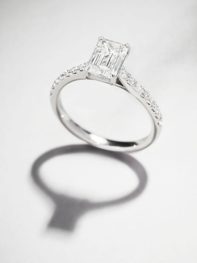 1.30ct Emerald Pave Shoulders lab grown diamond engagement rings.