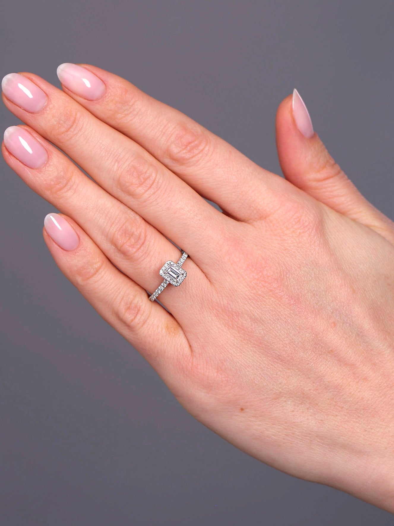 Emerald Cut Seamless Halo lab grown diamond engagement