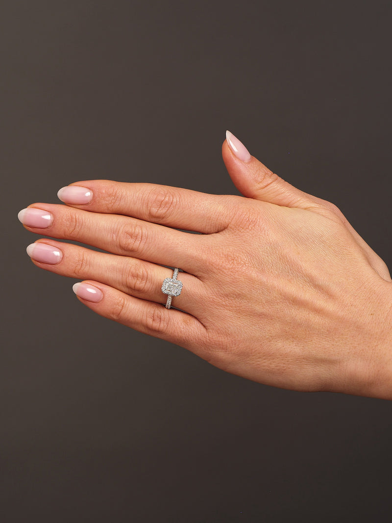 0.70ct Radiant 2D Halo 3D Band lab grown Diamond Engagement Rings.