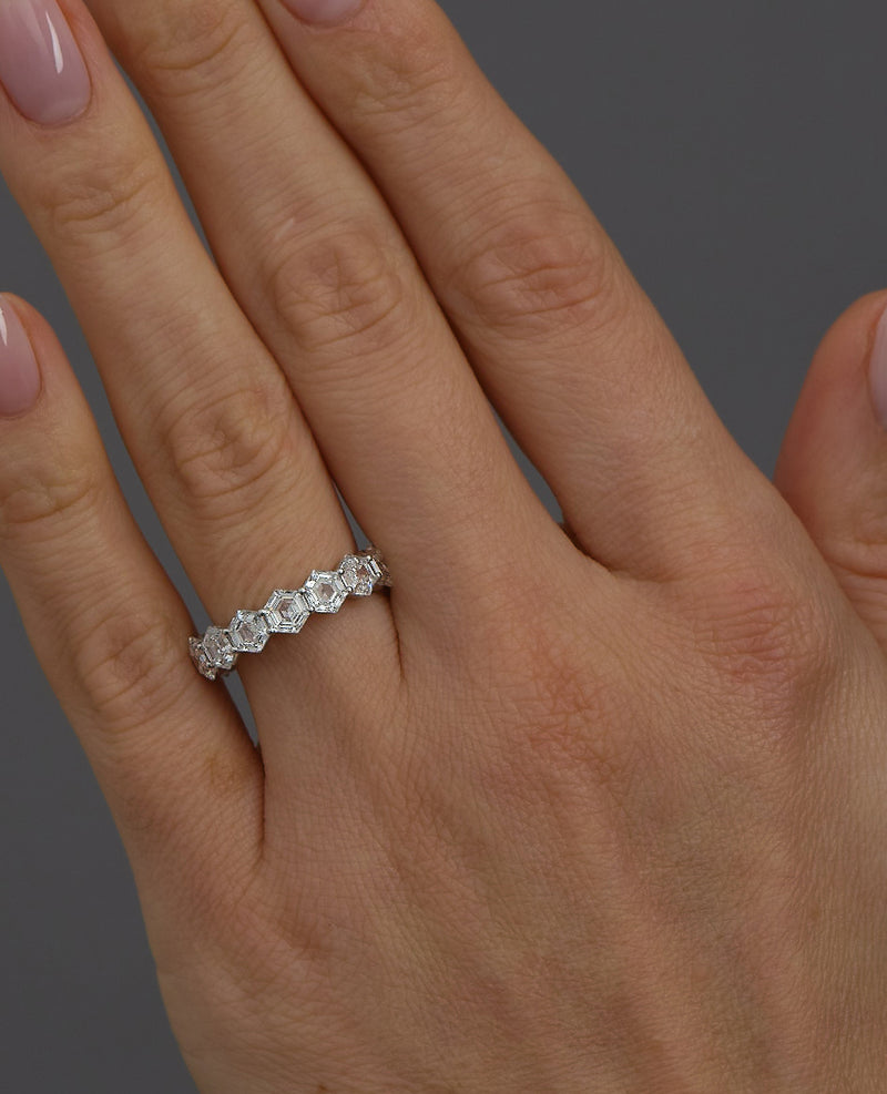 Side profile of the hexagon diamond band, showcasing the modern structural design in our diamond engagement band range.