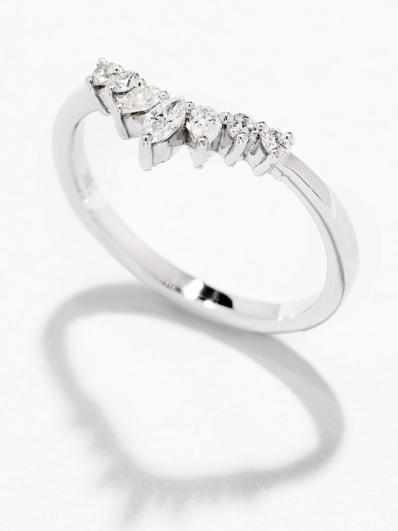 Side profile of the fancy wishbone band, showcasing the unique curved style in our diamond engagement band range.