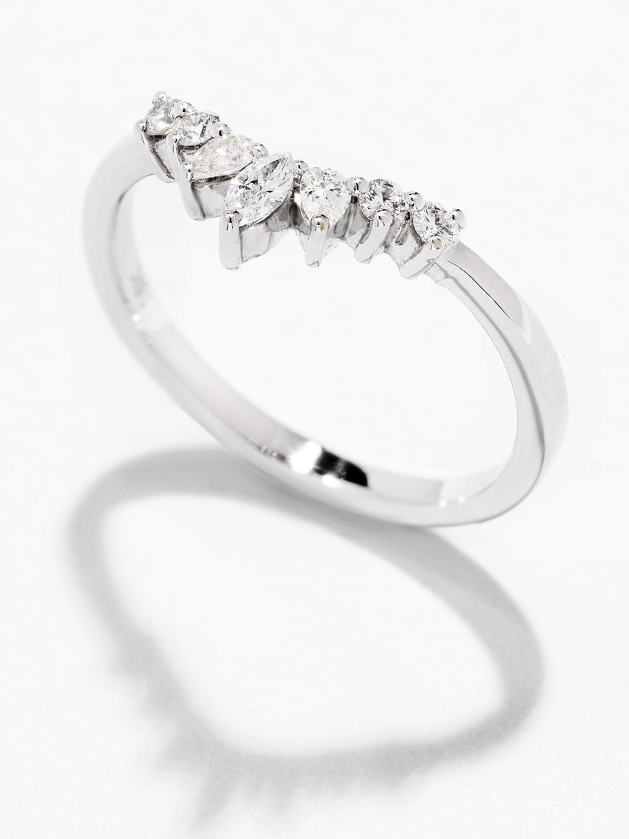 Side profile of the fancy wishbone band, showcasing the unique curved style in our diamond engagement band range.