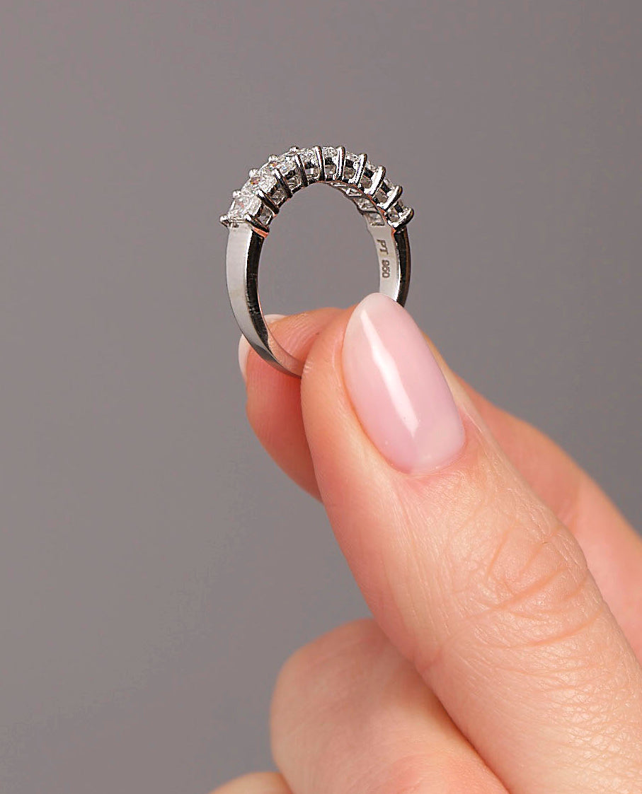 Side profile of the mini radiant cut engagement bands for women showing the comfort fit design.