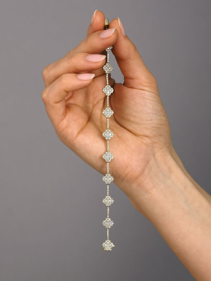 Diamond Clover Bracelet on wrist, 18kt yellow gold 3.90ct of brilliant diamonds in clover design, handcrafted luxury jewellery by Layla Diamonds London lab grown or natural mined diamonds on hand , wrist, arm