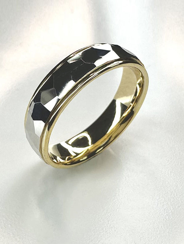 A contemporary 6mm two-tone hammered court profile ring from our premium male engagement bands collection.