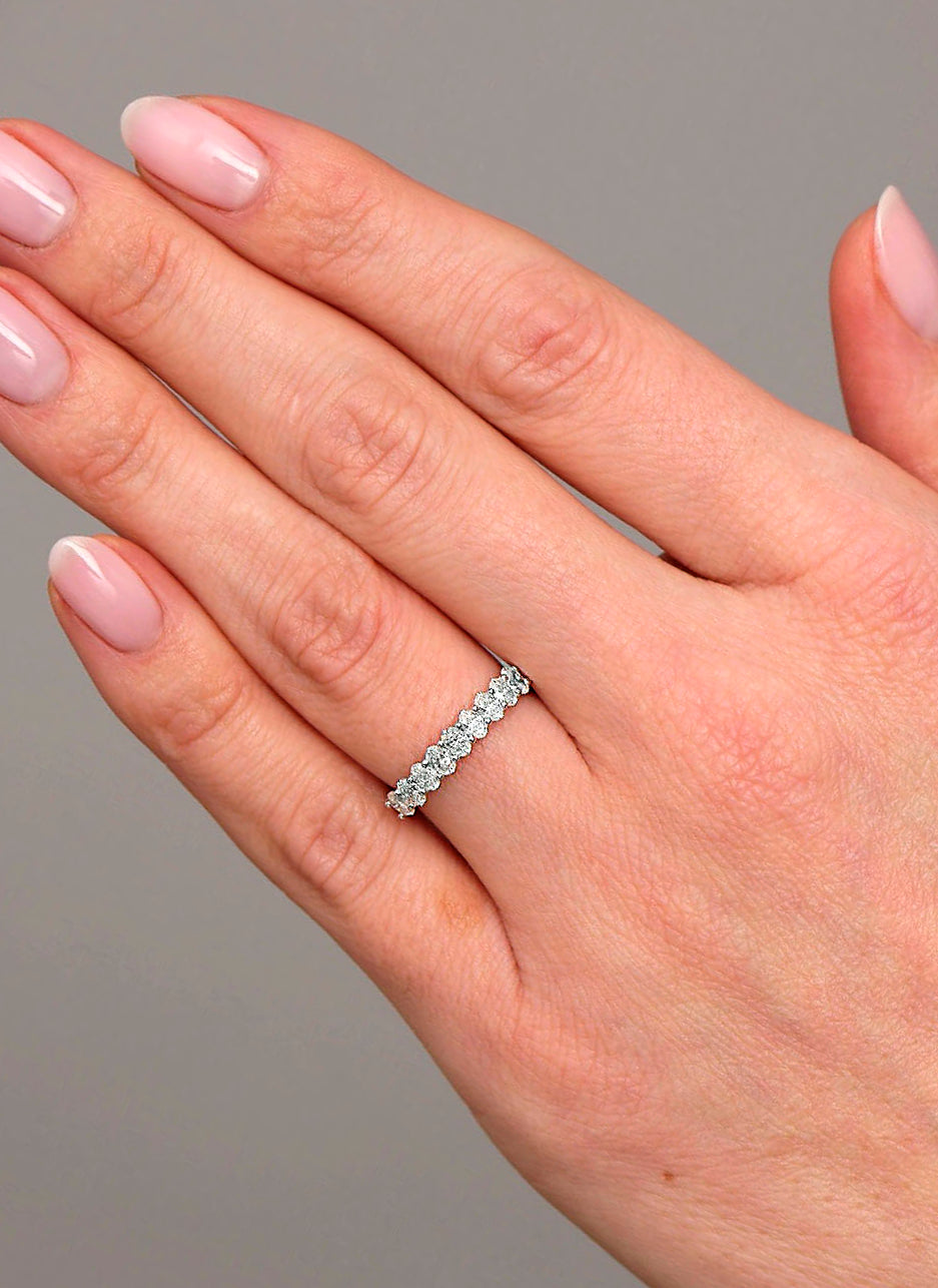 Perspective view of a comfort fit micro oval band suitable for oval diamond rings bridal sets.