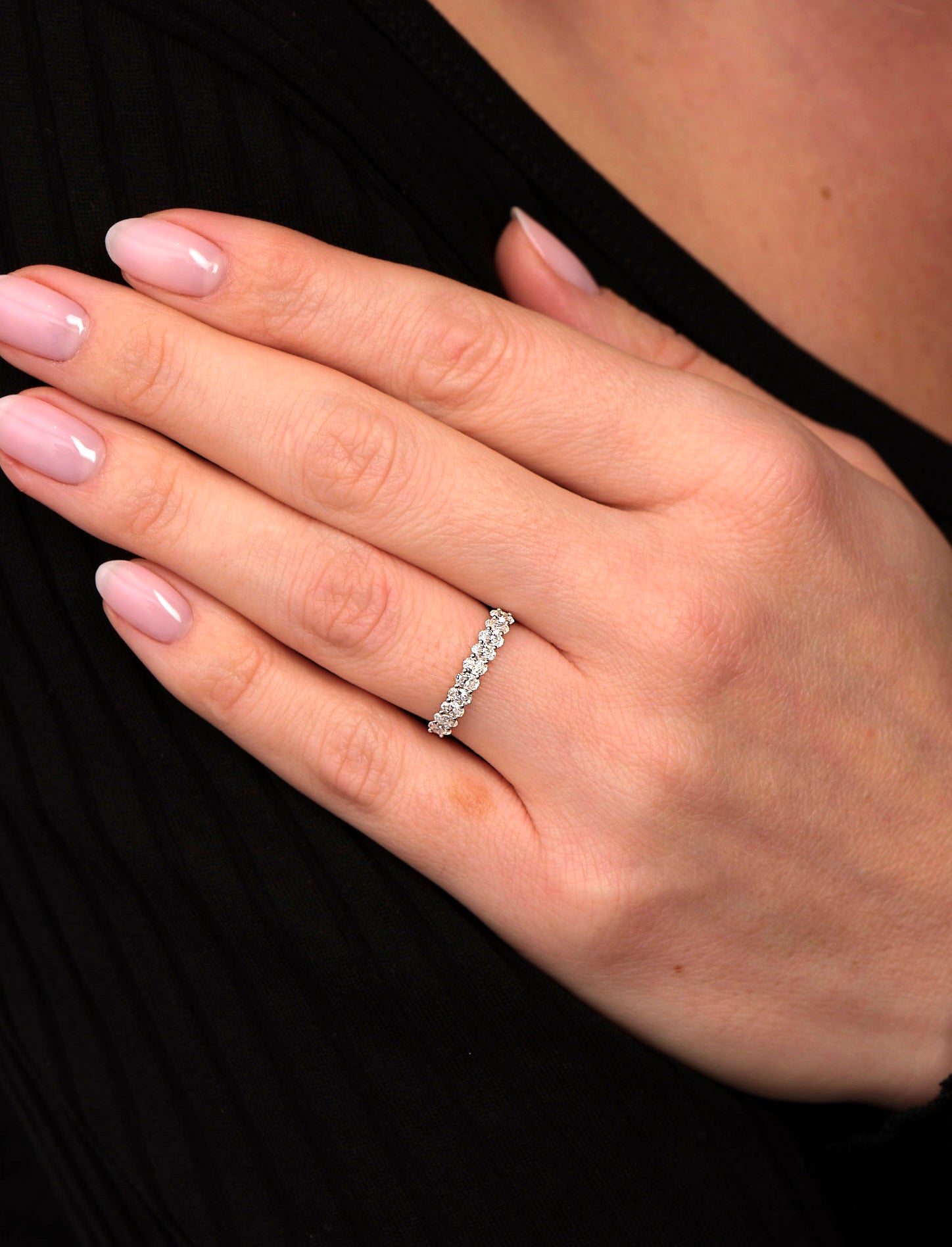 A delicate comfort fit micro oval band from our oval diamond rings collection.
