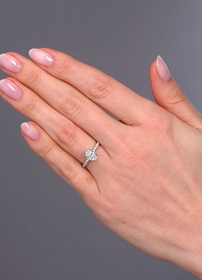 1ct Oval Twin Hidden Halo Lab Grown Diamond Engagement Rings in London.