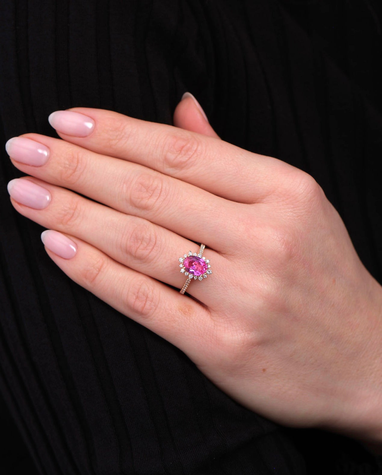 2ct Pink Sapphire Halo Lab Grown Diamond Engagement Rings.