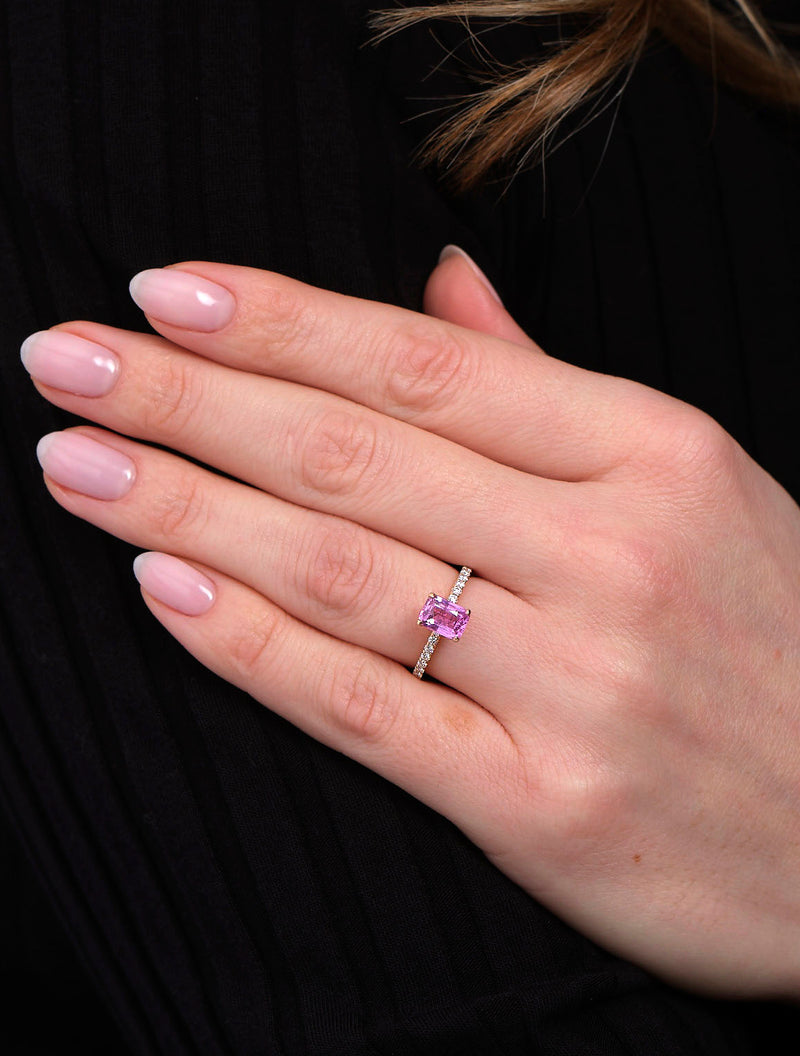 1.50ct Pink Sapphire Hidden Halo Lab Grown Diamond Engagement Rings.