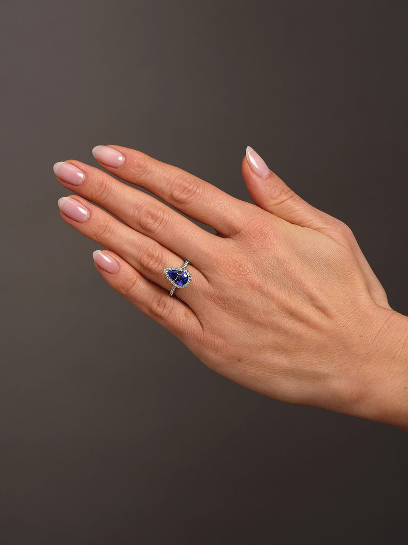 2.95ct Tanzanite Pear Seamless Halo Lab Grown Diamond Engagement Rings.