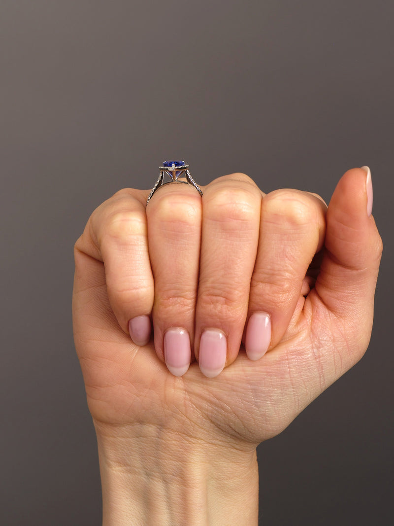 2.95ct Tanzanite Pear Seamless Halo Lab Grown Diamond Engagement Rings.