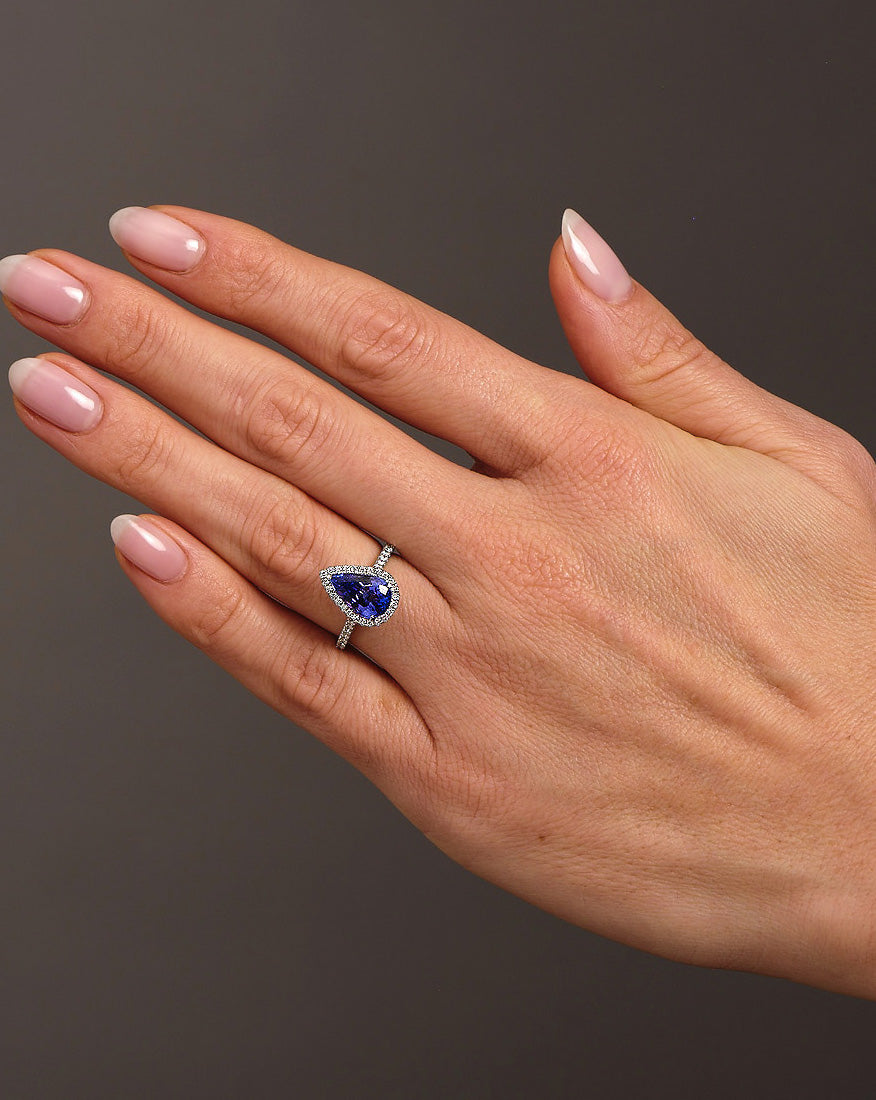2.95ct Tanzanite Pear Seamless Halo Lab Grown Diamond Engagement Rings.
