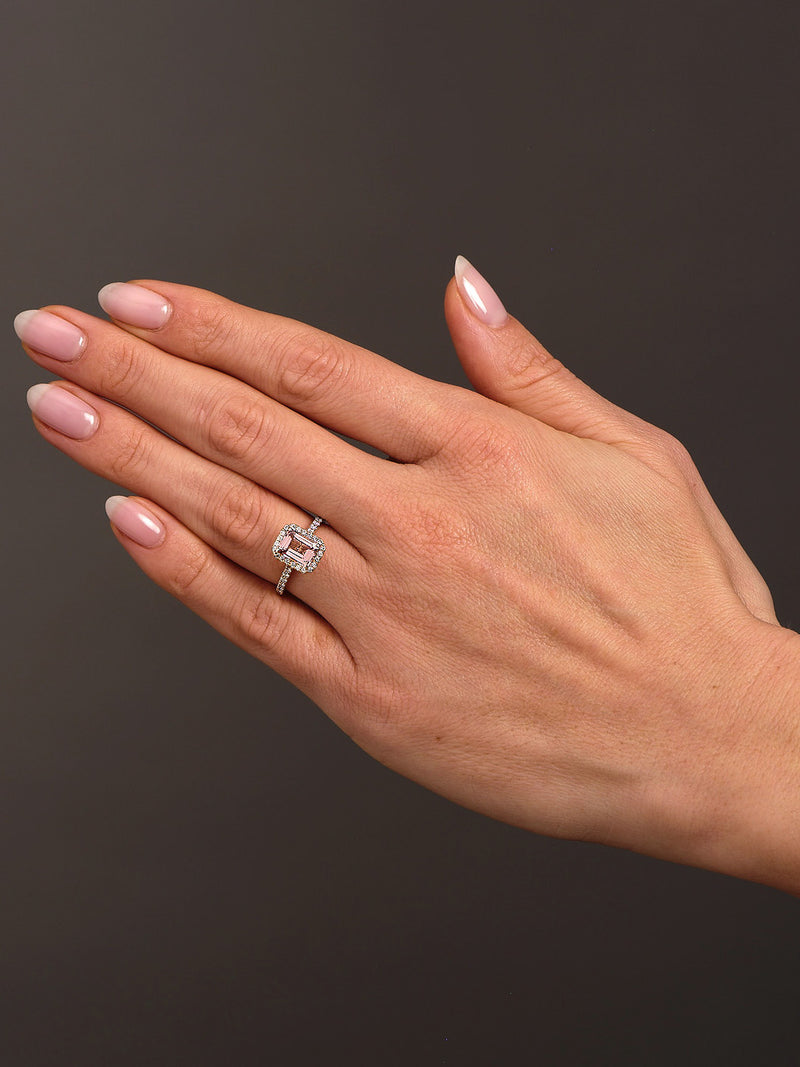 1.85ct Morganite Seamless Halo Lab Grown Diamond Engagement Rings.
