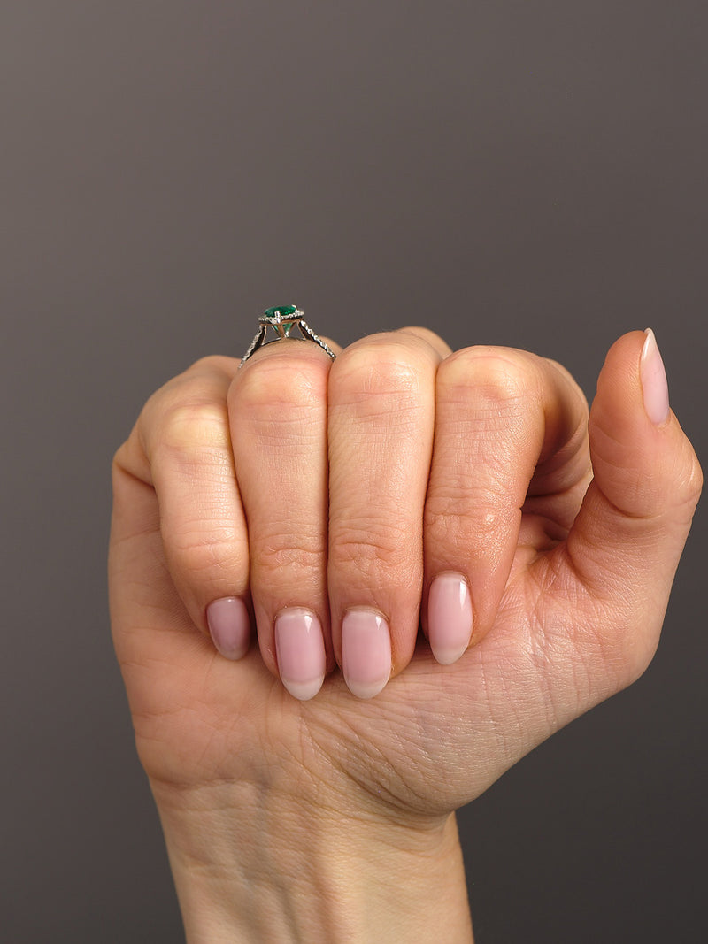 1.30ct Green Emerald Seamless Halo Lab Grown Diamond Engagement Rings.