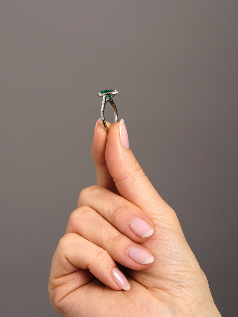 1.30ct Green Emerald Seamless Halo Lab Grown Diamond Engagement Rings.