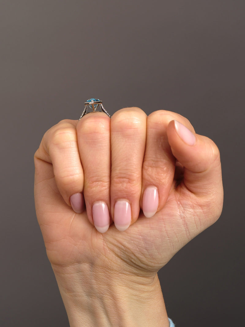 2ct Aquamarine Pear Seamless Halo Lab Grown Diamond Engagement Rings.