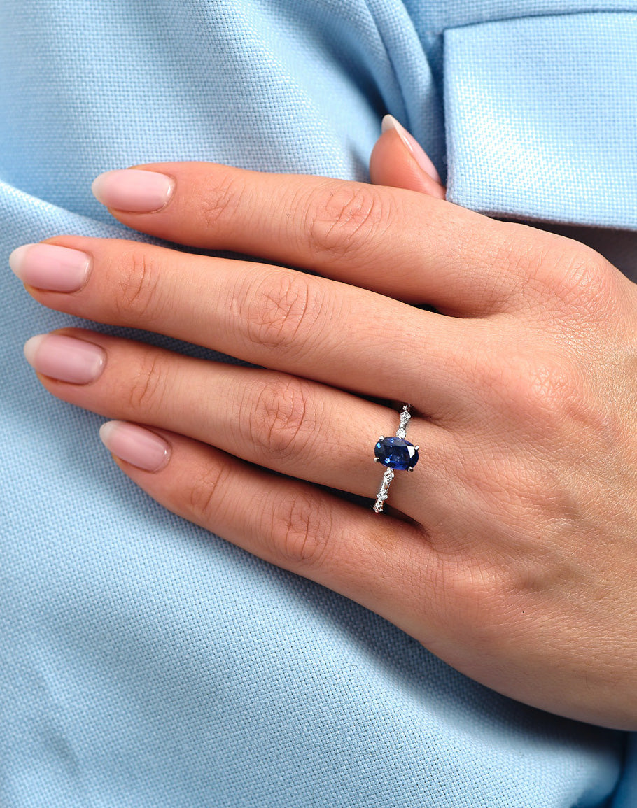 1.80ct Oval Blue Sapphire Bubble Lab Grown Diamond Engagement Rings.