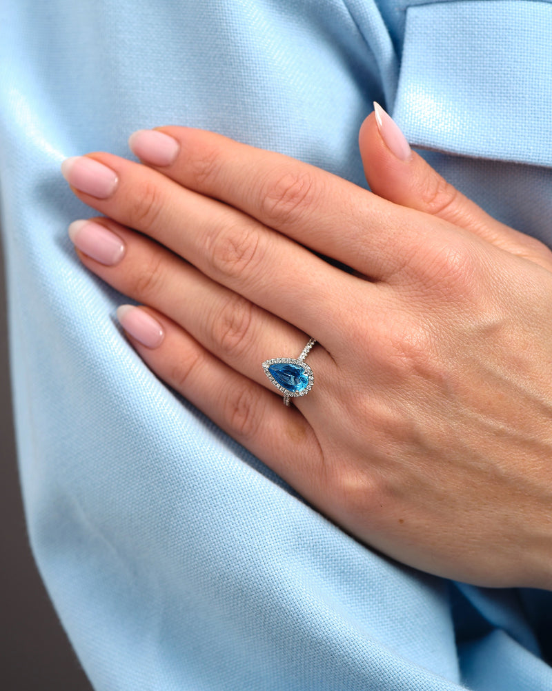 2ct Aquamarine Pear Seamless Halo Lab Grown Diamond Engagement Rings.