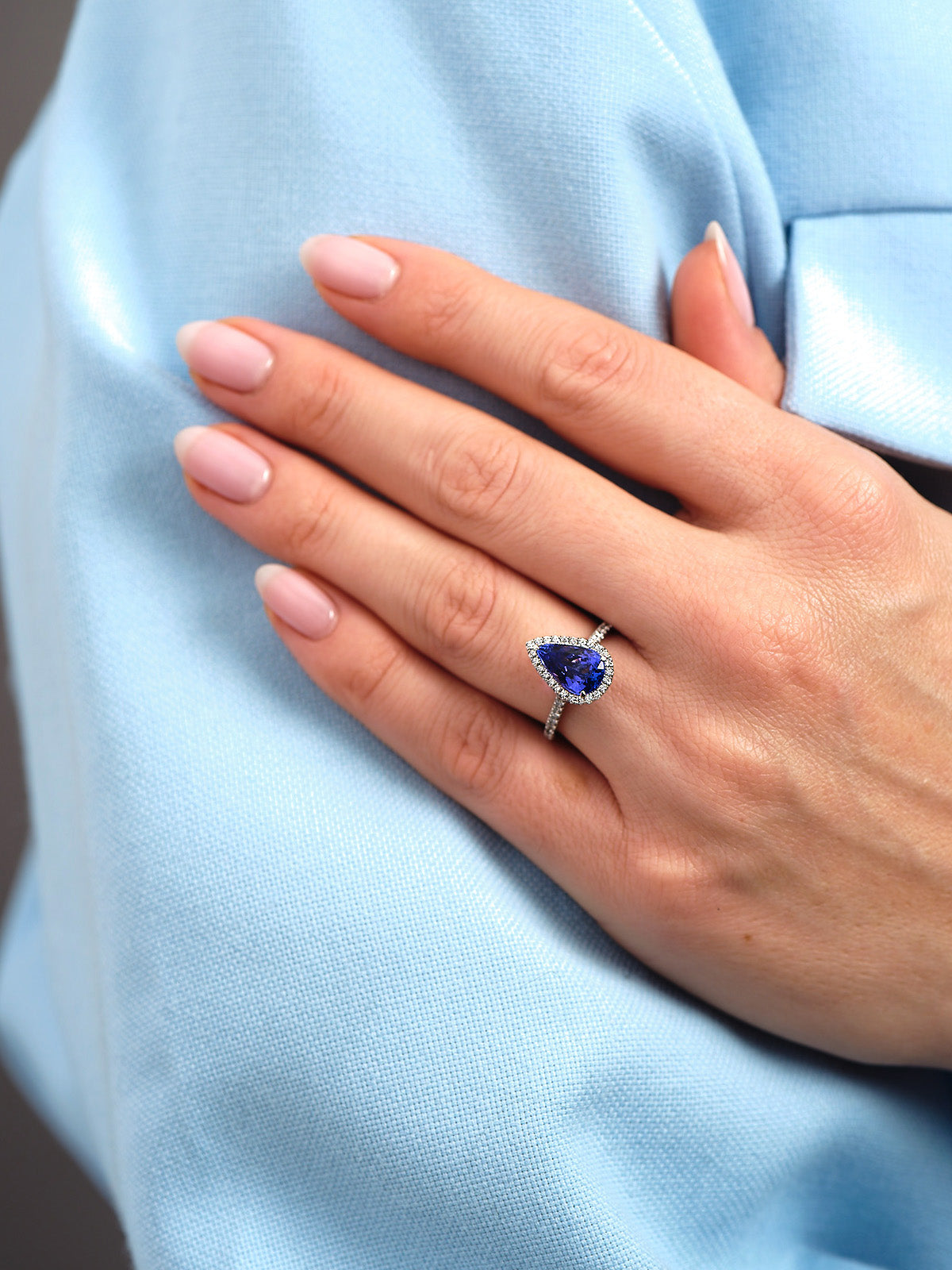 2.95ct Tanzanite Pear Seamless Halo Lab Grown Diamond Engagement Rings.
