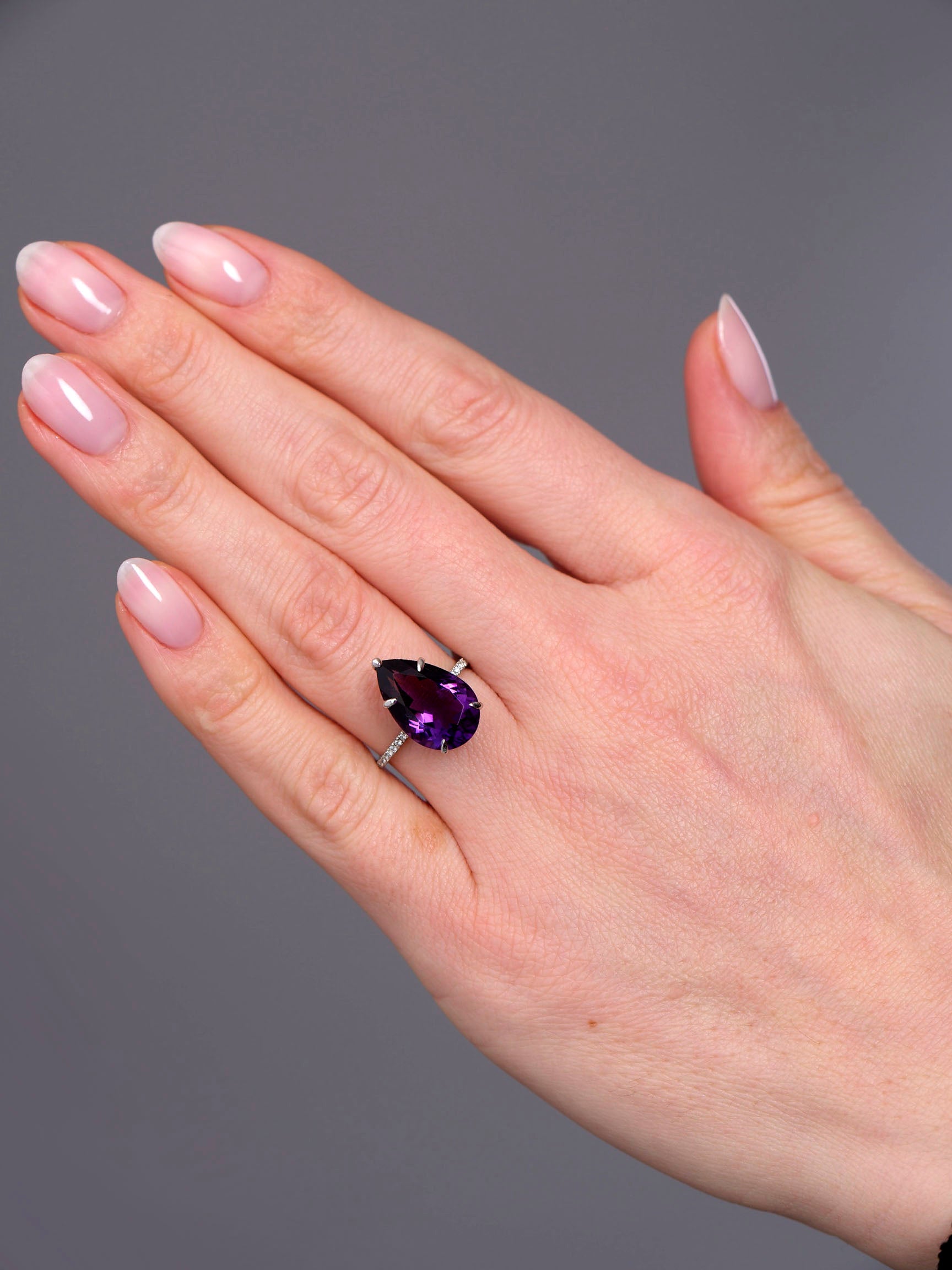 5ct Amethyst Pear Invisible Halo Lab Grown Diamond Engagement Rings.