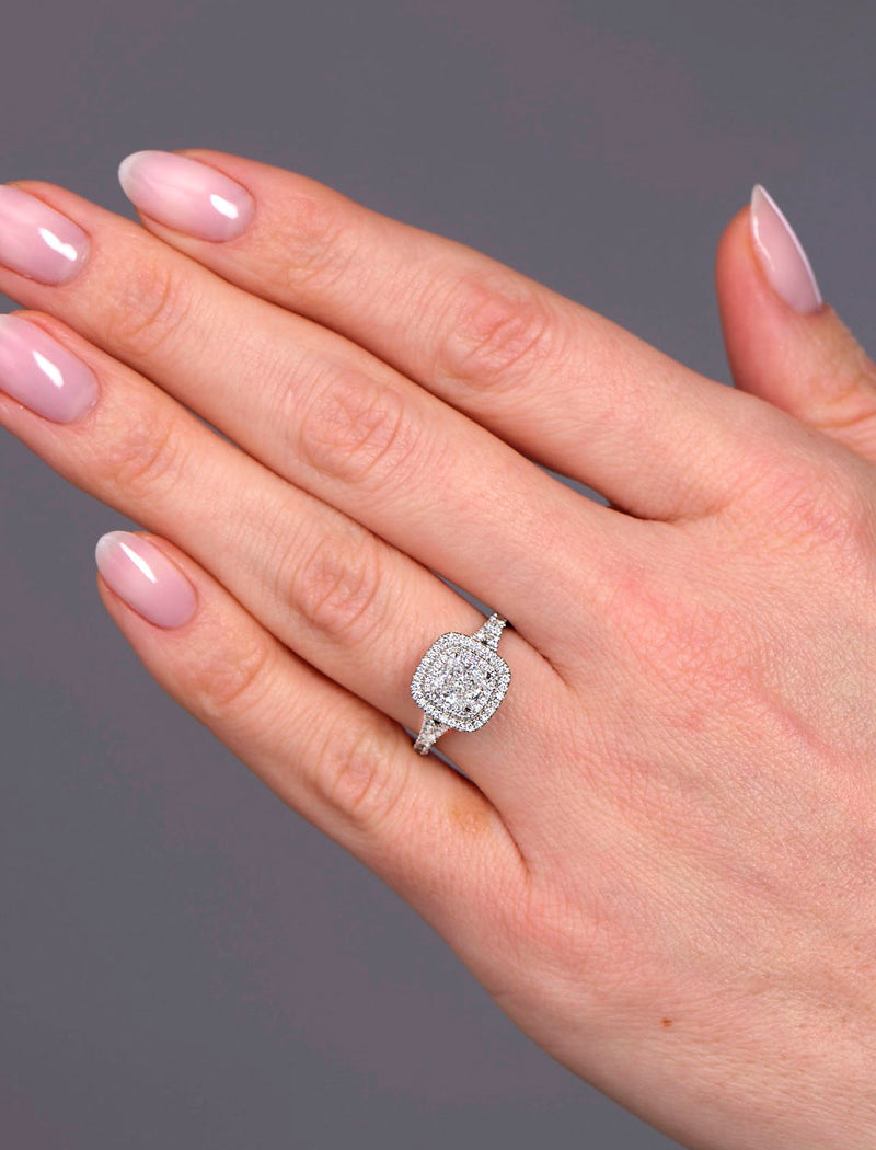 1ct Cushion Cut Double seamless Halo Lab Grown Diamond Engagement Rings.