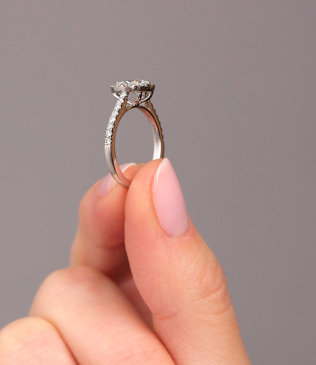 0.70ct Pear in Seamless Halo Lab Grown Diamond Engagement Rings.