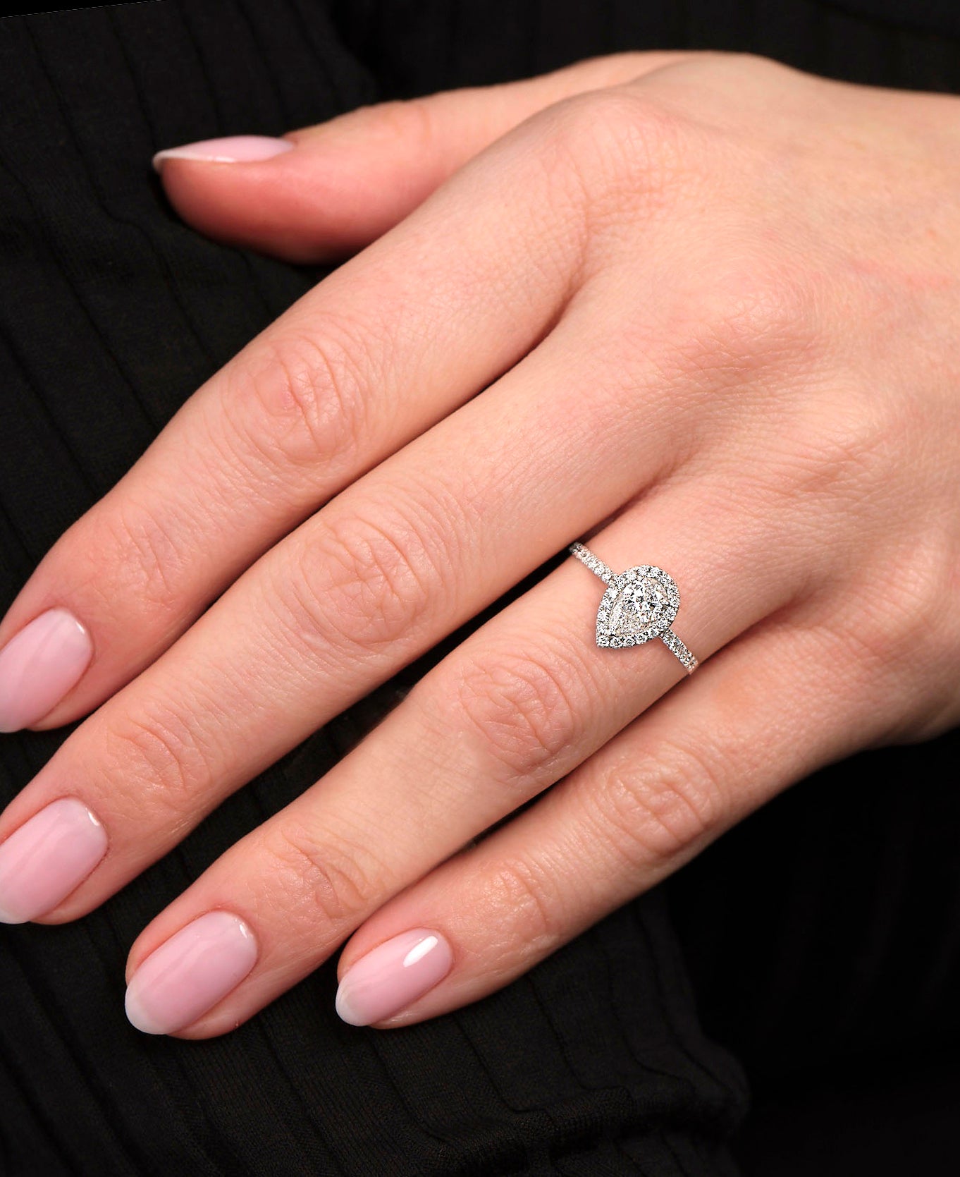 0.70ct Pear in Seamless Halo Lab Grown Diamond Engagement Rings.