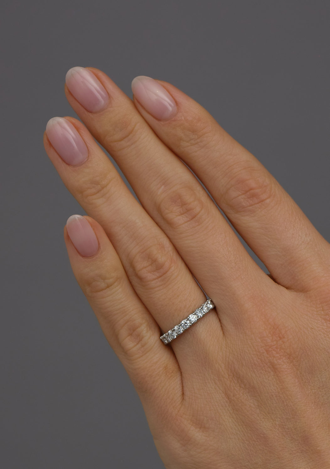 Side profile of a 0.80ct lab grown diamond band, part of our women's diamond wedding bands range.